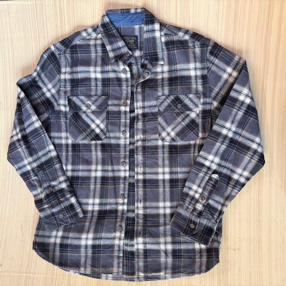 Jachs MFG Heritage Flannel Shirt Mens Large Grey Black Plaid Cotton Button Down
